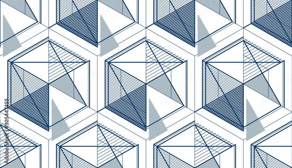 Poster geometric 3d lines abstract seamless pattern, vector background. technology style engineering line d