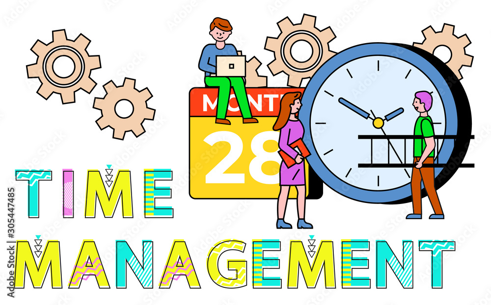 Aufkleber time management and business consulting of worker communicating with computer, calendar and clock. p