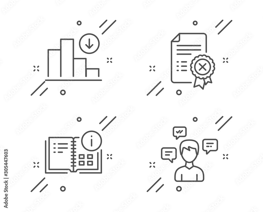 Poster decreasing graph, instruction info and reject certificate line icons set. conversation messages sign