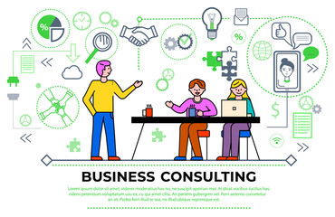Business consulting meeting of workers, businesspeople brainstorming and discussing problems. Man and woman with laptop and tutor. Diagrams and charts, gears and magnifying glass icon vector