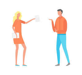 People talking about work vector, businesswoman holding documents paper showing info to worker. Busy blonde lady working with male, flat style boss