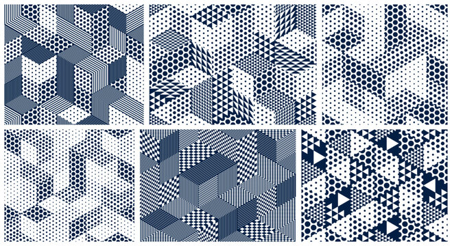 3D dotted cubes seamless patterns vector backgrounds set, dots dimensional blocks, architecture and construction, geometric designs.