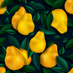 Pattern with pears and green leaves, 3D effect.