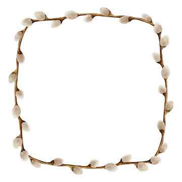 Square border of watercolor pussy willow branches. Hand-drawn easter frame isolated on a white background. Spring wreath with space for text