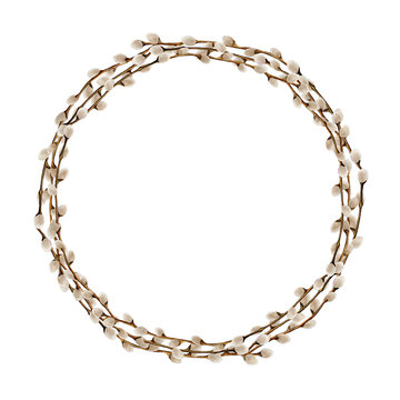 Easter wreath of hand drawn watercolor pussy willow branches. Round frame isolated on a white background. Illustration for spring postcards and text decoration