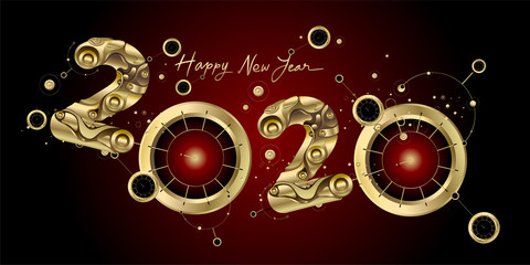 Happy New Year 2020 - New Year Shining Black background with golden clock and sparkling elements.