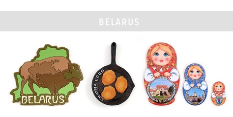 Souvenir (magnet) from Belarus isolated on white background. Belarusian inscription does the name...