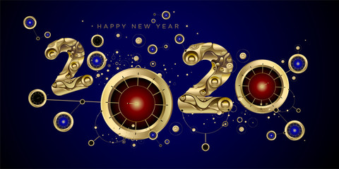 Fototapeta na wymiar Happy New Year 2020 - New Year Shining Black background with golden clock and sparkling elements.