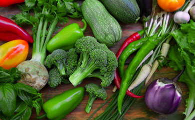 Set of fresh and organic vegetables on kitchen