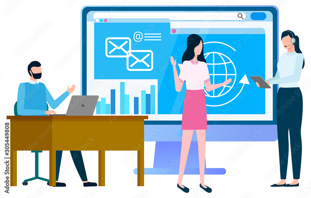 Poster people standing and looking at site with images and diagrams. website with blue background and icons