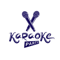 Karaoke party lettering, rap battle vector emblem created using two crossed microphones audio equipment.