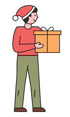 Guy stand and hold vector package in hands. Man ready to greet friends with christmas, holiday time. Box with present inside and tied by ribbon. Person isolated on white background in minimalism