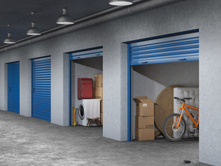 storage hall with open storages doors 3d illustration