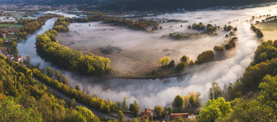 Adda river valley in the fog, Airuno, Lombardy, Italy - obrazy, fototapety, plakaty