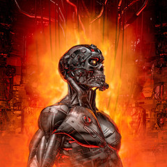The digital demon / 3D illustration of futuristic science fiction skull faced humanoid cyborg surrounded by fiery inferno