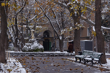 Gloomy autumn day and the first snow in a city square. Odessa. Ukraine. Palais Royal Courtyard.