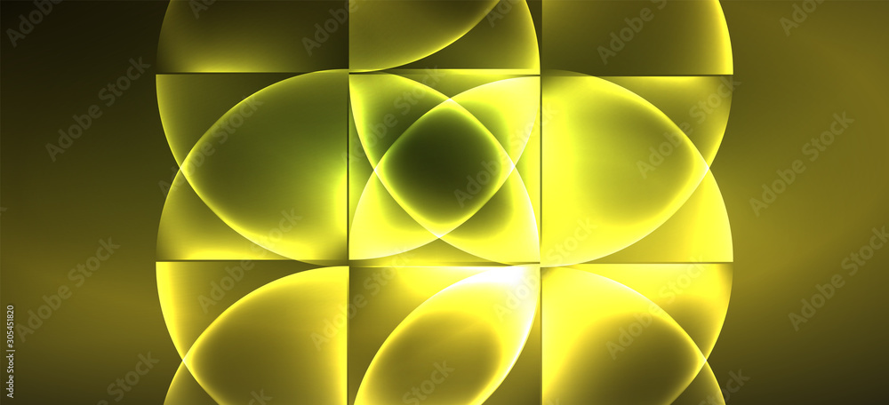 Fototapete techno glowing glass geometric shapes vector background, futuristic dark template with neon light ef