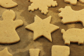 Raw dough for Christmas cookies and cookie cutters shaped glove, Christmas star, snowman, pig, gingerbread man. Concept of winter holidays and work together. Baby Jesus coming soon