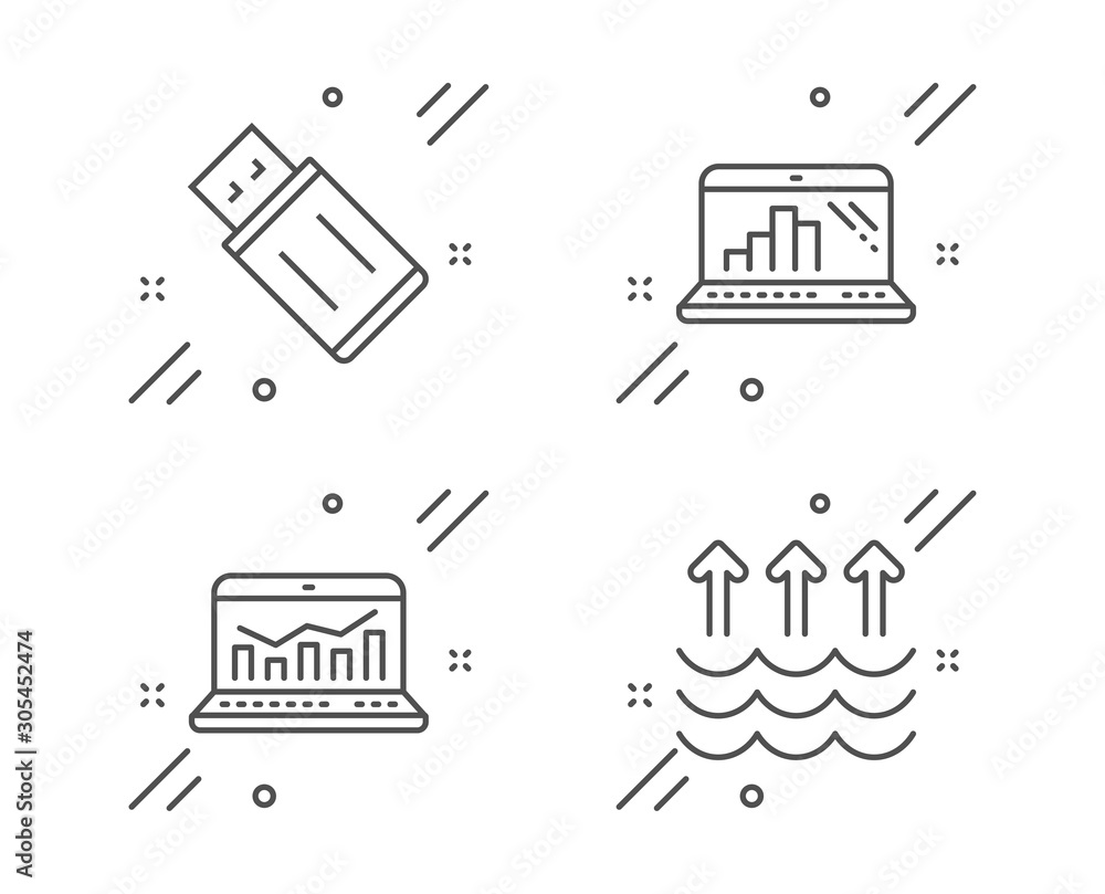 Poster usb flash, web analytics and graph laptop line icons set. evaporation sign. memory stick, statistics