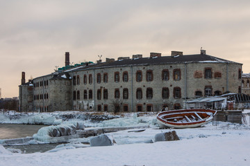 View of the abandoned Tallinn Battery Prison building in winter. Estonia
