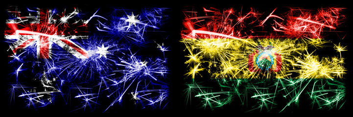 Australia, Ozzie vs Bolivia, Bolivian New Year celebration sparkling fireworks flags concept background. Combination of two abstract states flags.