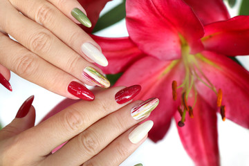 Fototapeta premium Multicolored manicure on long nails oval with mother of pearl shiny nail Polish on the background of lilies.