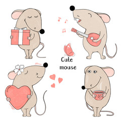 Set with cute mouse on a white background.
