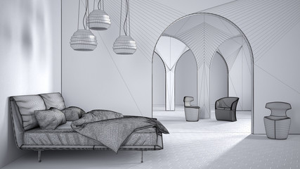 Unfinished project draft of classic metaphysics surreal interior design, bedroom with ceramic floor, open space, archway with armchairs, unusual architecture, project idea