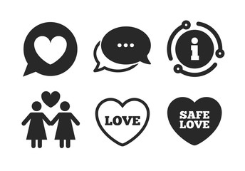 Speech bubble with heart icon. Chat, info sign. Lesbians couple sign. Female love female. Heart symbol. Classic style speech bubble icon. Vector