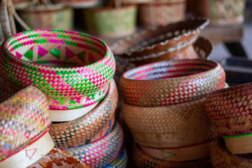 Household utensil wickerwork with bamboo Hand-made work of local wisdom of the people of Laos, Thailand, Myanmar, Vietnam, Malaysia, Indonesia