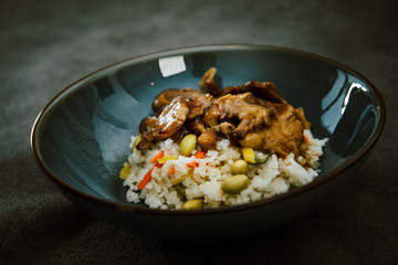 Asian style caramel pork with rice and vegetable