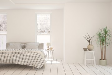 Stylish bedroom in white color with winter landscape in window. Scandinavian interior design. 3D illustration