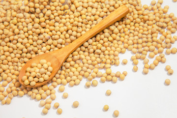 Soybeans background . Dry Soy bean or soya bean in a bowl with some soybeans in wooden spoon on white background