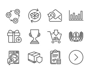 Set of Business icons, such as Add gift, Friends community, Return parcel, Column chart, Award cup, Delivery insurance, Washing machine, Send mail, Laureate award, Shopping, Forward. Vector