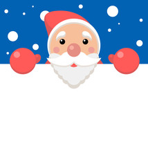 vector xmas illustration of funny santa holding blank paper with copyspace for text. christmas background