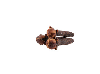 Three small cloves isolated on white background with copy space for text or images. Spices and herbs. Packaging concept. Close-up.