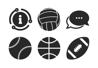 Fototapeta premium Volleyball, Basketball, Baseball and American football signs. Chat, info sign. Sport balls icons. Team sport games. Classic style speech bubble icon. Vector