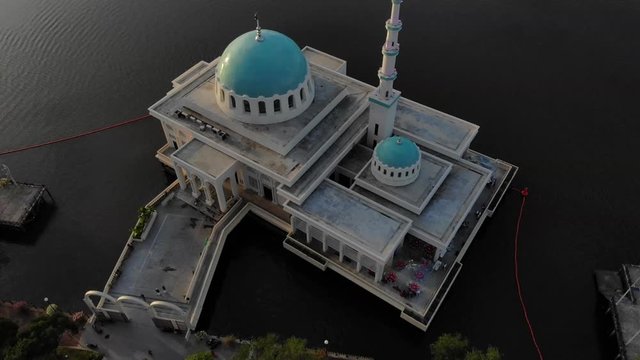 Aerial view of the beautiful floating mosque of Kuching  or also known as masjid india during sunset