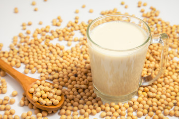Soy milk pouring in glass and soy bean or soya bean . Alternative Soy milk healthy concept.