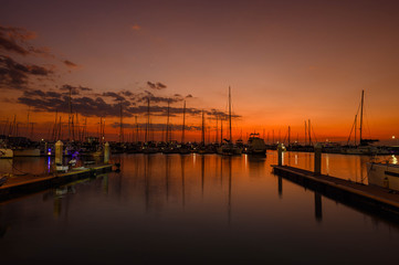 Fototapeta na wymiar Yacht port on sun set, Relaxation vocation