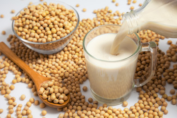 Soy milk pouring in glass and soy bean or soya bean . Alternative Soy milk healthy concept.