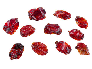 Some dried cranberries isolated on white background with copy space for text or images. Food, cooking, packaging concept. Close-up.
