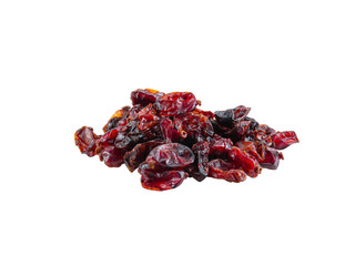 Small pile of dried cranberries isolated on white background with copy space for text or images. Food, cooking, packaging concept. Close-up.