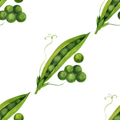 Watercolor seamless pattern with green peas. Hand drawing decorative background. Print for textile, cloth, wallpaper, scrapbooking