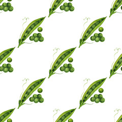 Watercolor seamless pattern with green peas. Hand drawing decorative background. Print for textile, cloth, wallpaper, scrapbooking