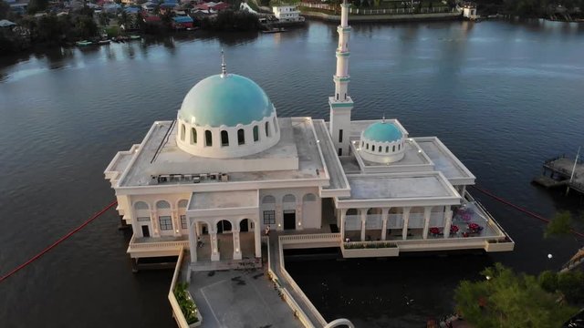 Aerial view of the beautiful floating mosque of Kuching  or also known as masjid india during sunset