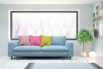 Stylish room in white color with sofa and winter landscape in window. Scandinavian interior design. 3D illustration