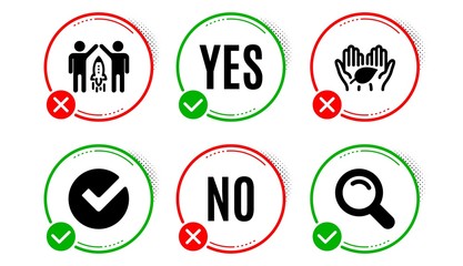 Partnership, Fair trade and Verify icons simple set. Yes no check box. Search sign. Business startup, Safe nature, Selected choice. Magnifying glass. Science set. Partnership icon. Check mark. Vector