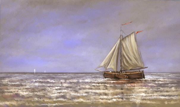 Digital oil paintings sea landscape, fisherman, sailing ship in the sea. Fine art.