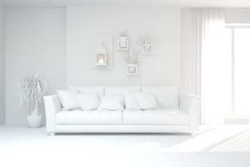 Mock up of stylish room in white color with sofa. Scandinavian interior design. 3D illustration